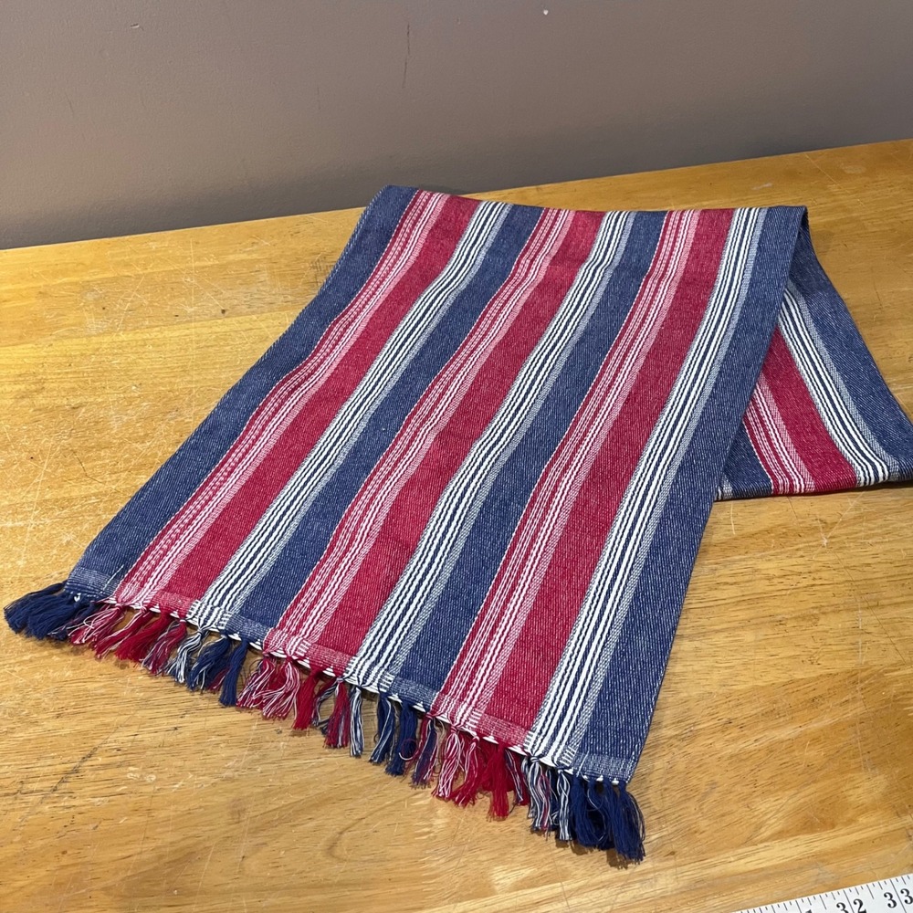 Pier 1 Imports Americana Striped Cotton Table Runner Red White Blue Fringe 72"